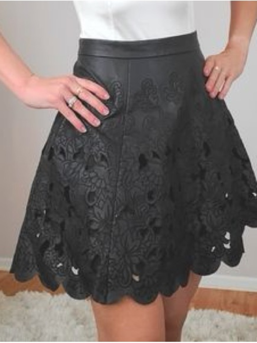Club Monaco Black Faux Leather Laser-Cut Floral Skater Skirt Size 4